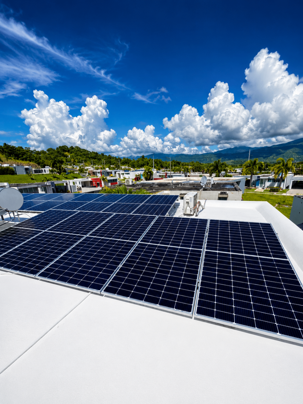 Cielo azul y nubes sobre tejados con paneles solares